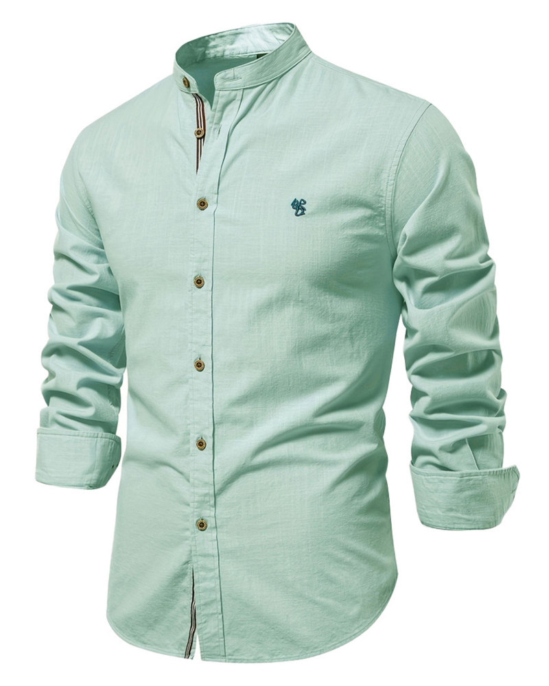 Mens Long Sleeve Cotton Linen Shirts Button Down Band Collar Bussiness Shirt Casual Solid Regular Fit Tops
