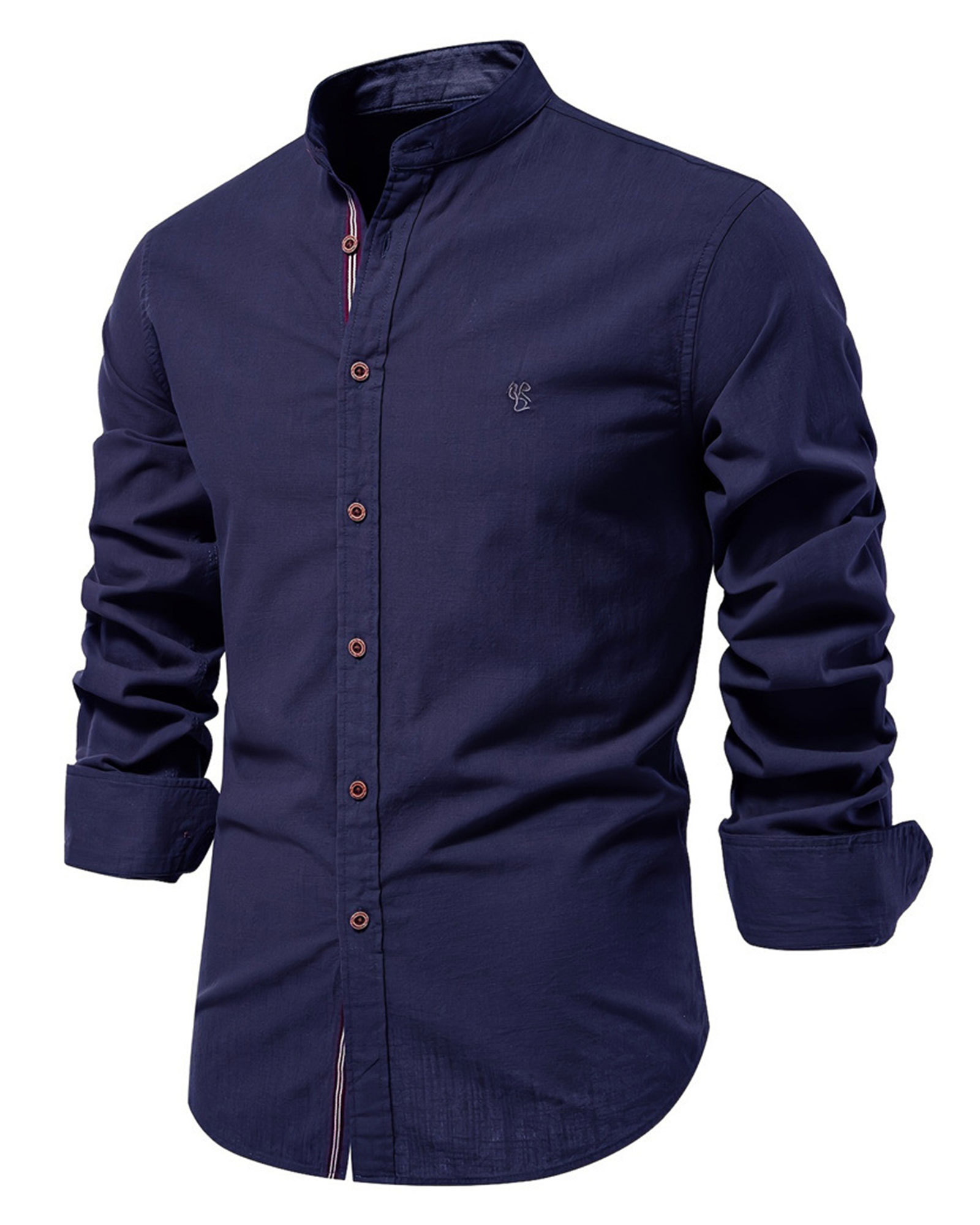 Mens Long Sleeve Cotton Linen Shirts Button Down Band Collar Bussiness Shirt Casual Solid Regular Fit Tops