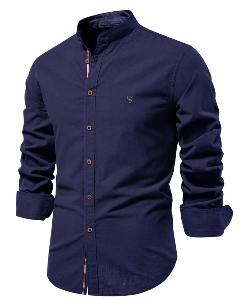 Mens Long Sleeve Cotton Linen Shirts Button Down Band Collar Bussiness Shirt Casual Solid Regular Fit Tops
