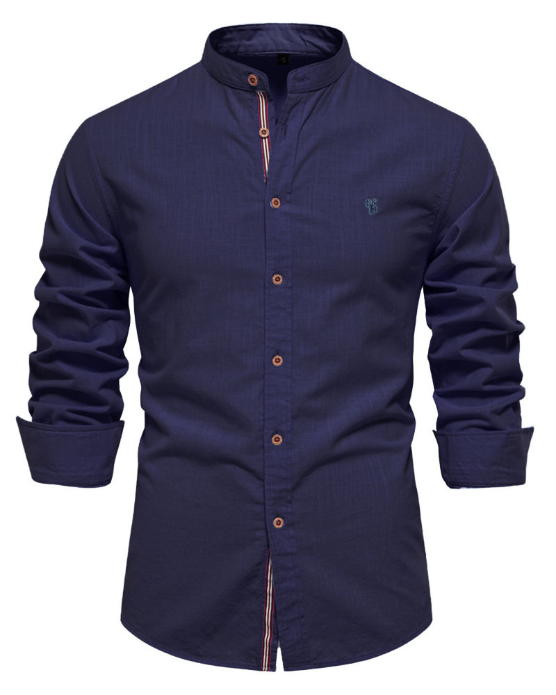 Mens Long Sleeve Cotton Linen Shirts Button Down Band Collar Bussiness Shirt Casual Solid Regular Fit Tops