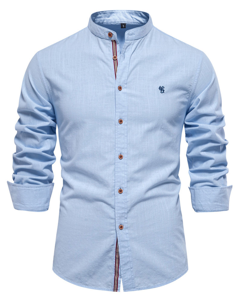 Mens Long Sleeve Cotton Linen Shirts Button Down Band Collar Bussiness Shirt Casual Solid Regular Fit Tops