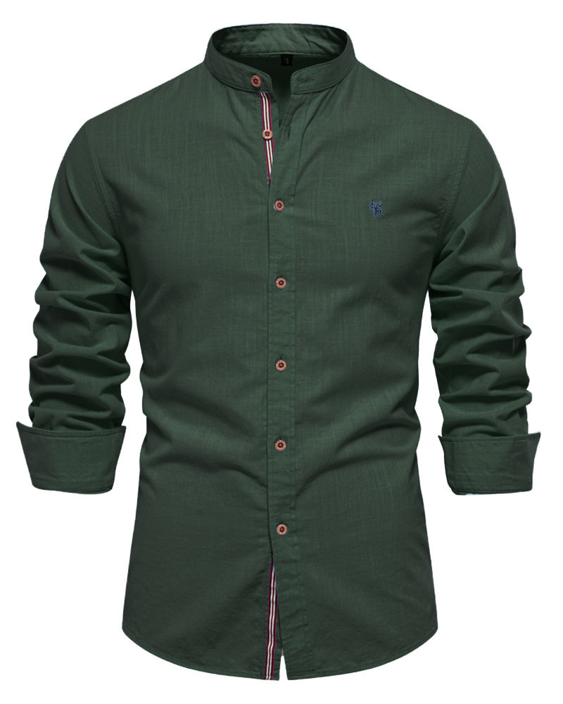 Mens Long Sleeve Cotton Linen Shirts Button Down Band Collar Bussiness Shirt Casual Solid Regular Fit Tops