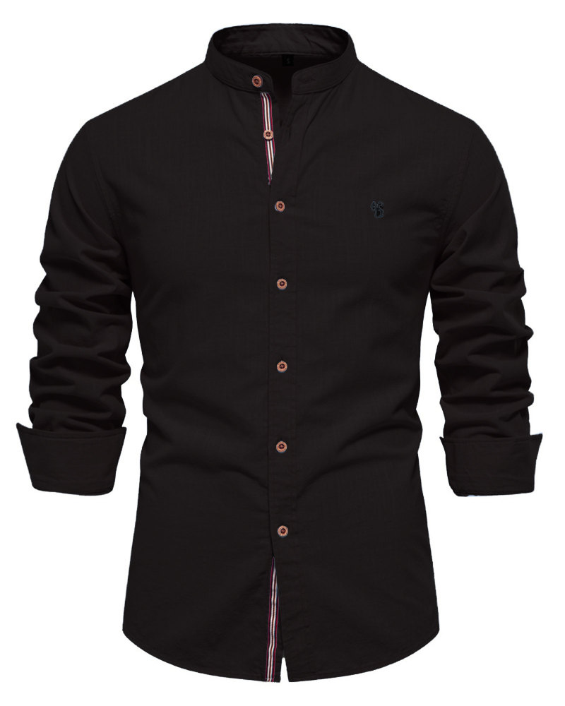 Mens Long Sleeve Cotton Linen Shirts Button Down Band Collar Bussiness Shirt Casual Solid Regular Fit Tops