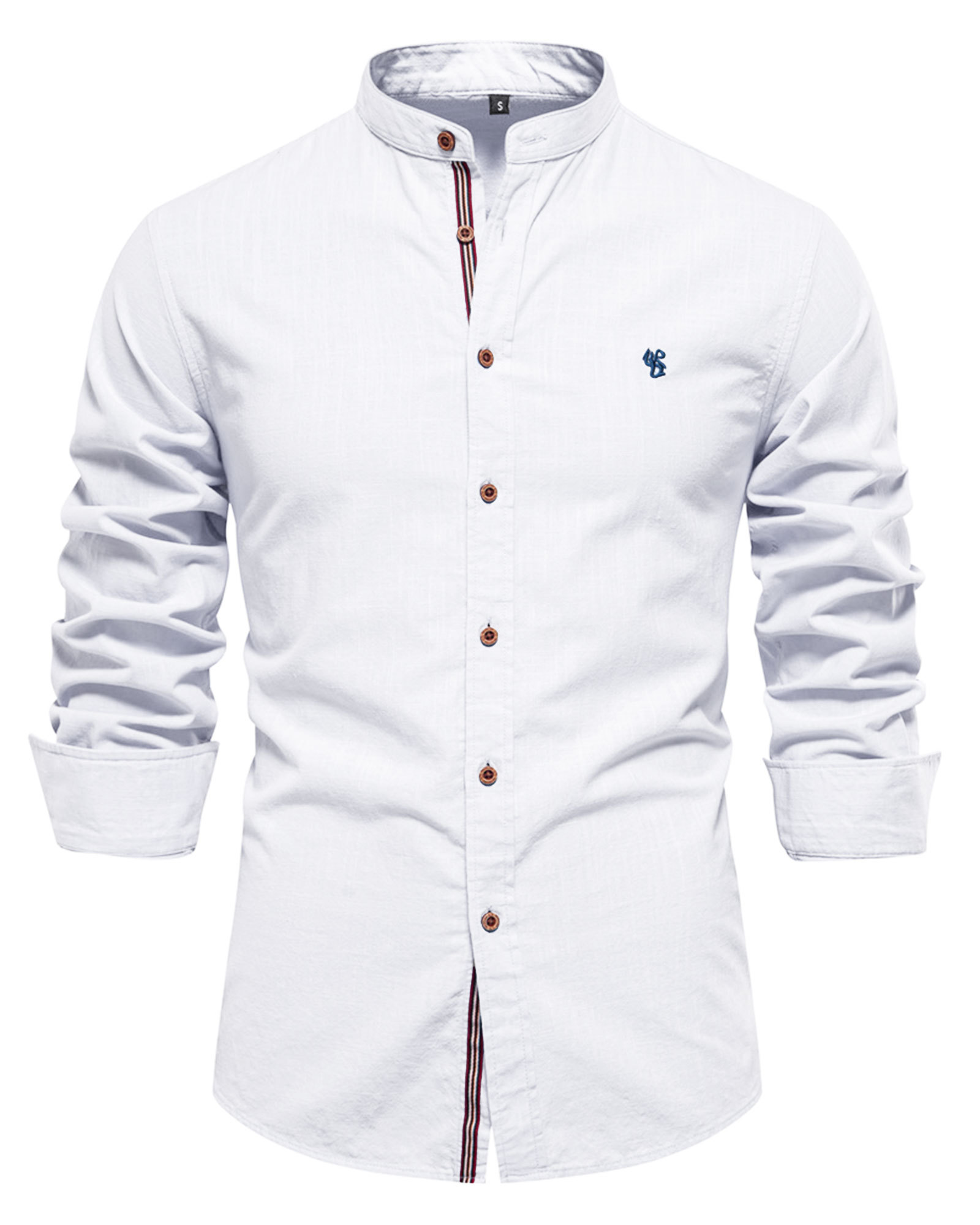 Mens Long Sleeve Cotton Linen Shirts Button Down Band Collar Bussiness Shirt Casual Solid Regular Fit Tops