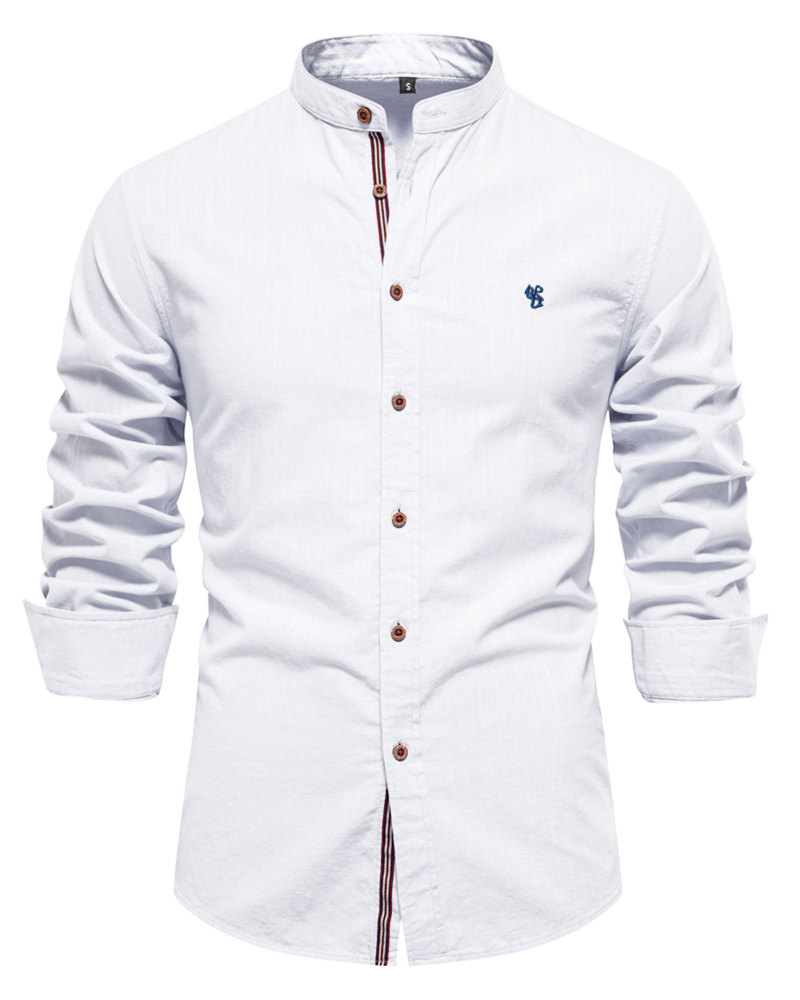 Mens Long Sleeve Cotton Linen Shirts Button Down Band Collar Bussiness Shirt Casual Solid Regular Fit Tops