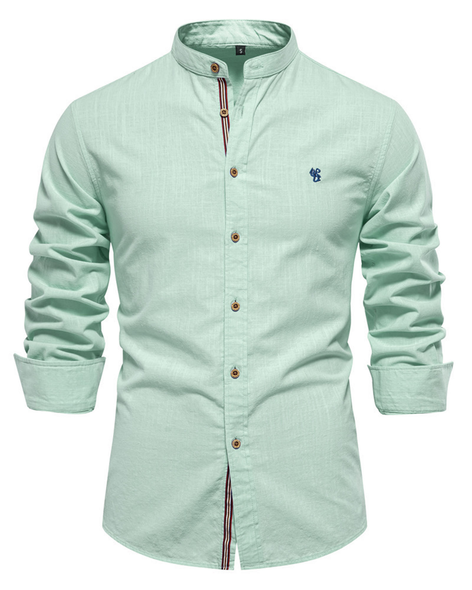 Mens Long Sleeve Cotton Linen Shirts Button Down Band Collar Bussiness Shirt Casual Solid Regular Fit Tops
