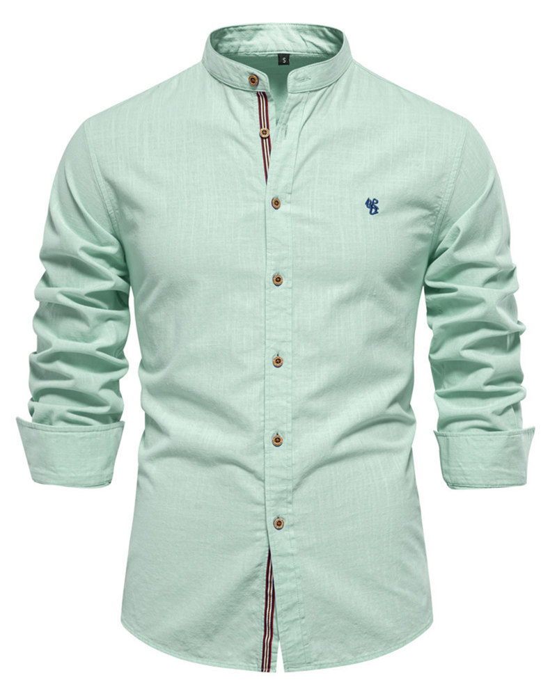 Mens Long Sleeve Cotton Linen Shirts Button Down Band Collar Bussiness Shirt Casual Solid Regular Fit Tops