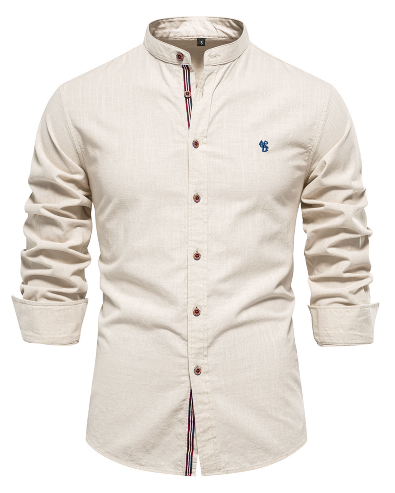 Mens Long Sleeve Cotton Linen Shirts Button Down Band Collar Bussiness Shirt Casual Solid Regular Fit Tops