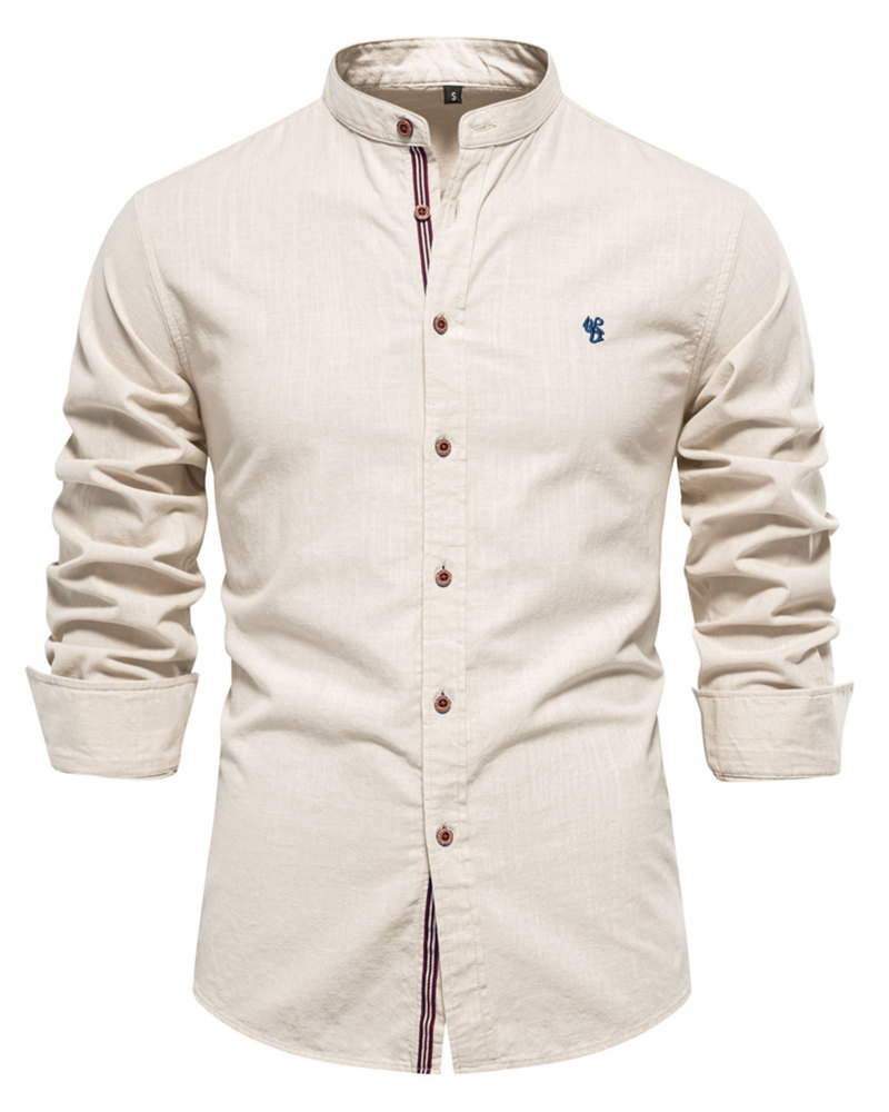 Mens Long Sleeve Cotton Linen Shirts Button Down Band Collar Bussiness Shirt Casual Solid Regular Fit Tops