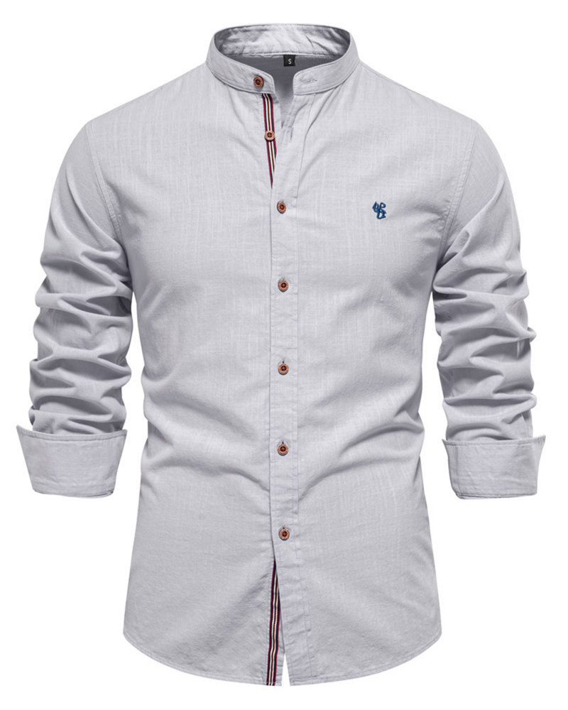 Mens Long Sleeve Cotton Linen Shirts Button Down Band Collar Bussiness Shirt Casual Solid Regular Fit Tops