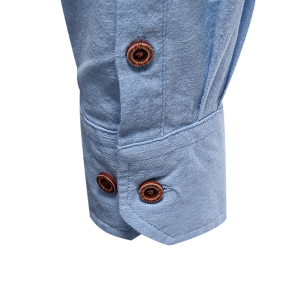Mens Long Sleeve Cotton Linen Shirts Button Down Band Collar Bussiness Shirt Casual Solid Regular Fit Tops