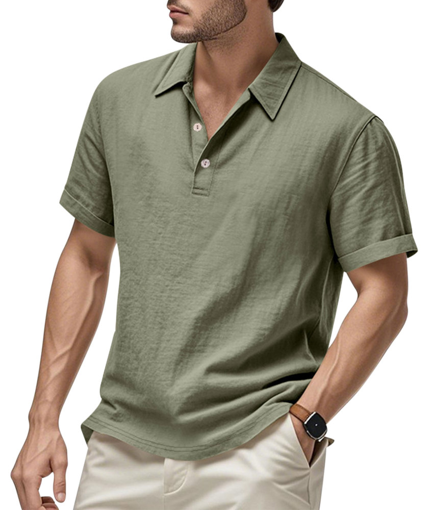 Mens Linen Polo Shirts Short Sleeve Button T-Shirts Summer Casual Tshirts Lightweight Golf Tee Shirt Beach Tops