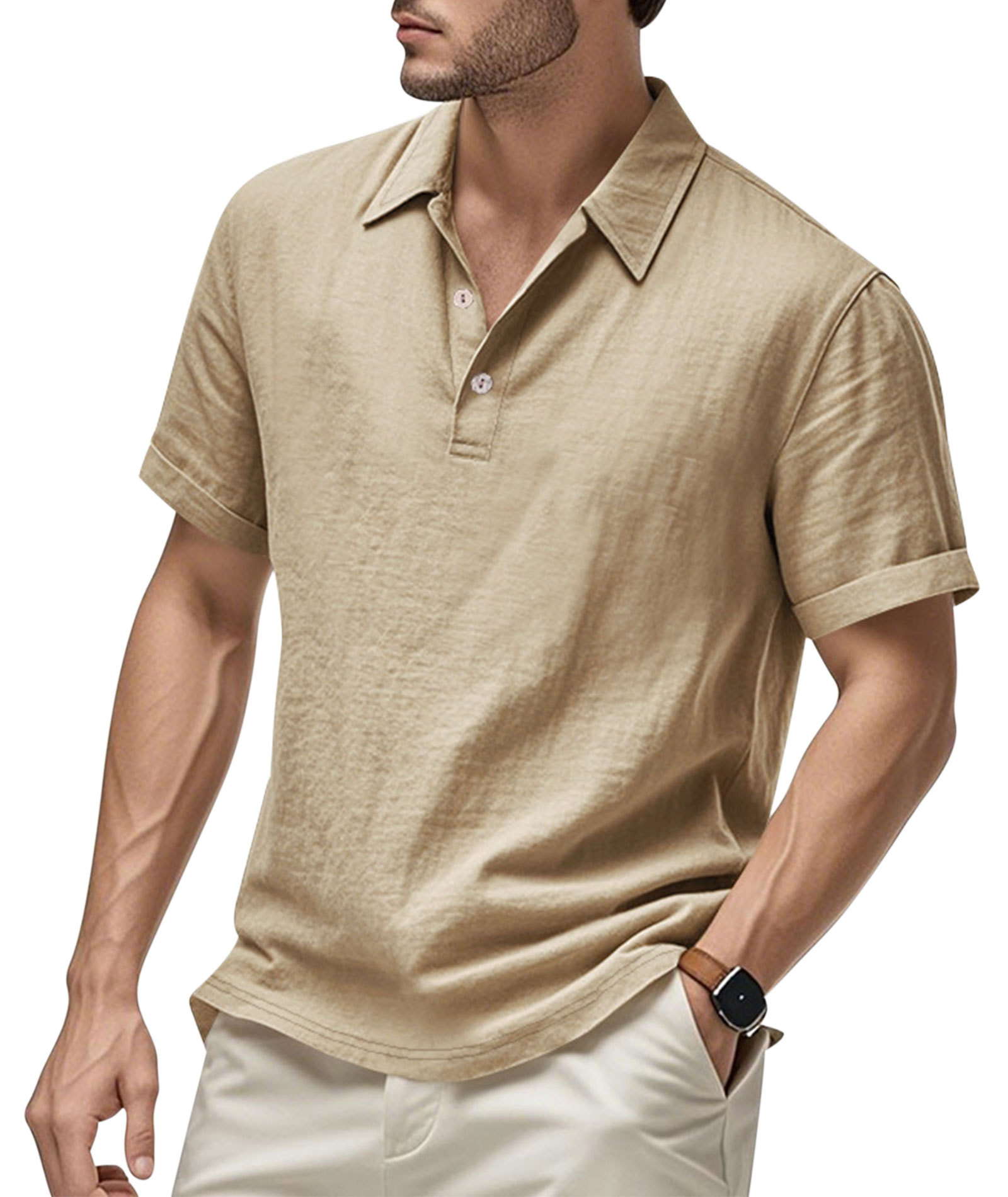 Mens Linen Polo Shirts Short Sleeve Button T-Shirts Summer Casual Tshirts Lightweight Golf Tee Shirt Beach Tops