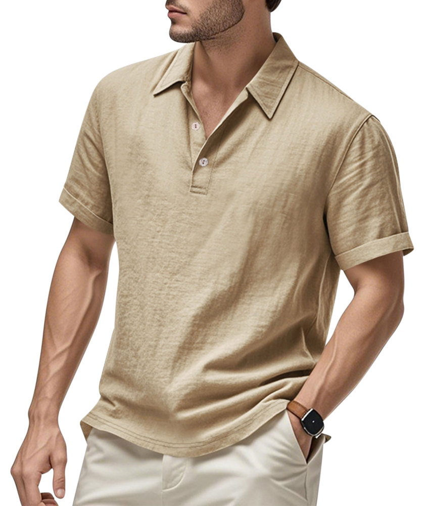 Mens Linen Polo Shirts Short Sleeve Button T-Shirts Summer Casual Tshirts Lightweight Golf Tee Shirt Beach Tops
