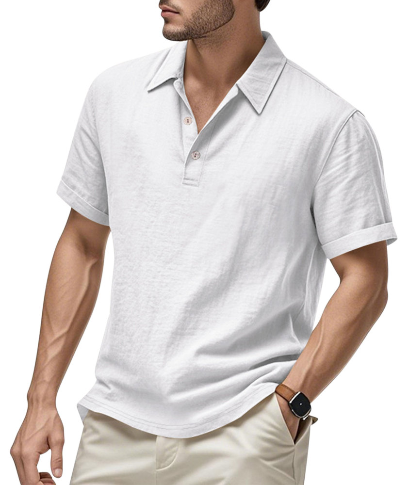 Mens Linen Polo Shirts Short Sleeve Button T-Shirts Summer Casual Tshirts Lightweight Golf Tee Shirt Beach Tops
