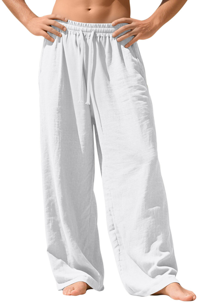 Mens Linen Pants Summer Drawstring Wide Leg Pant Elastic Waist Casual Beach Lounge Trousers with Pockets