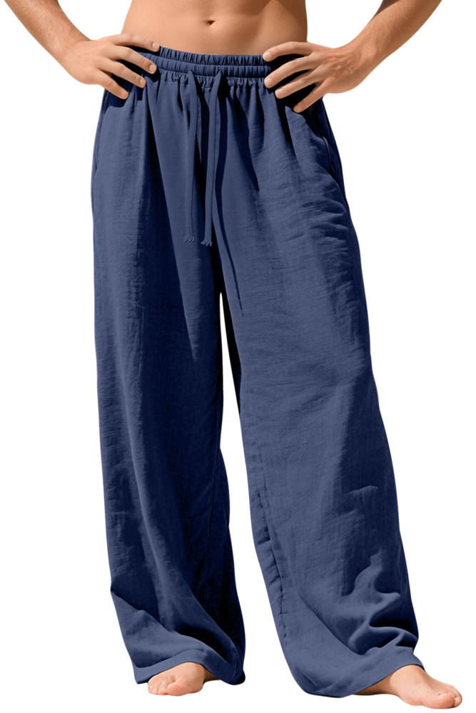 Mens Linen Pants Summer Drawstring Wide Leg Pant Elastic Waist Casual Beach Lounge Trousers with Pockets
