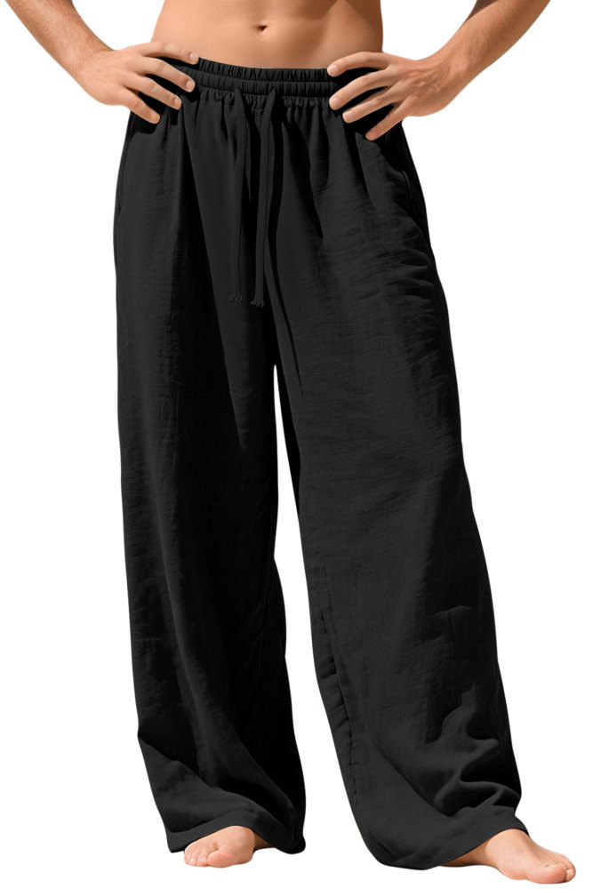 Mens Linen Pants Summer Drawstring Wide Leg Pant Elastic Waist Casual Beach Lounge Trousers with Pockets