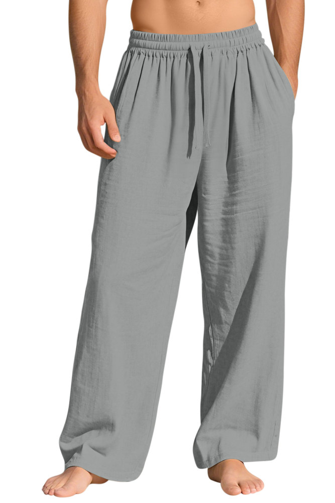 Mens Linen Pants Summer Drawstring Wide Leg Pant Elastic Waist Casual Beach Lounge Trousers with Pockets