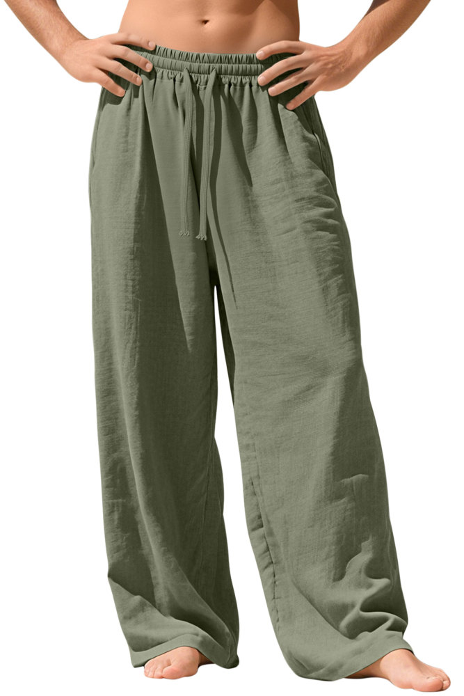 Mens Linen Pants Summer Drawstring Wide Leg Pant Elastic Waist Casual Beach Lounge Trousers with Pockets