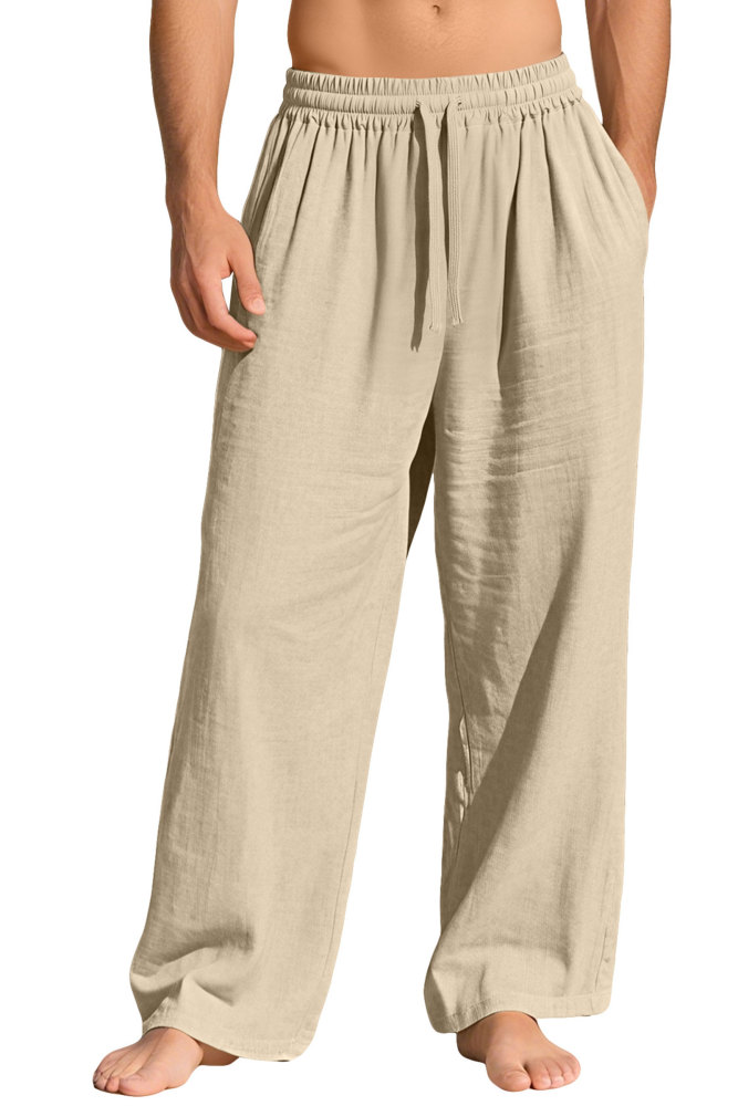 Mens Linen Pants Summer Drawstring Wide Leg Pant Elastic Waist Casual Beach Lounge Trousers with Pockets