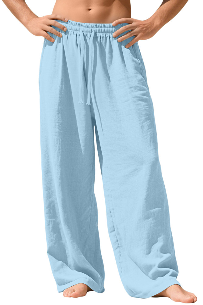 Mens Linen Pants Summer Drawstring Wide Leg Pant Elastic Waist Casual Beach Lounge Trousers with Pockets