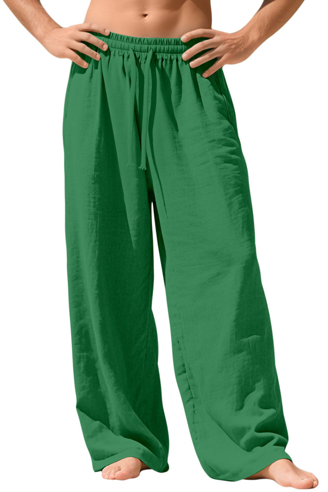Mens Linen Pants Summer Drawstring Wide Leg Pant Elastic Waist Casual Beach Lounge Trousers with Pockets