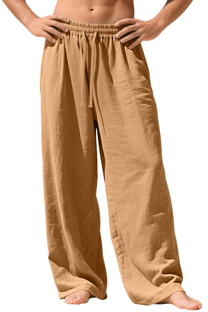 Mens Linen Pants Summer Drawstring Wide Leg Pant Elastic Waist Casual Beach Lounge Trousers with Pockets