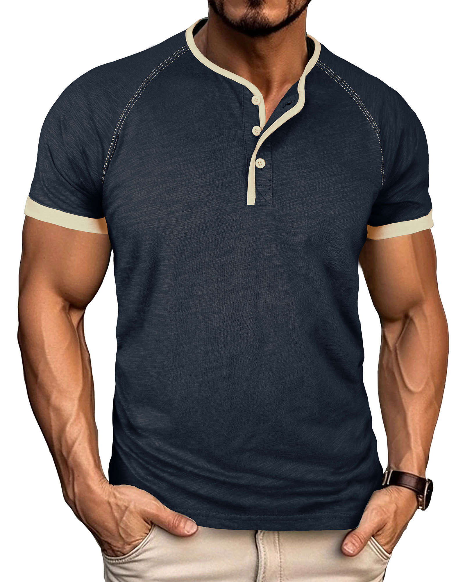 Henley T-Shirt Mens Summer Cotton T Shirts Short Sleeve Tshirts Casual Lightweight T-Shirts Solid Button Tee Tops