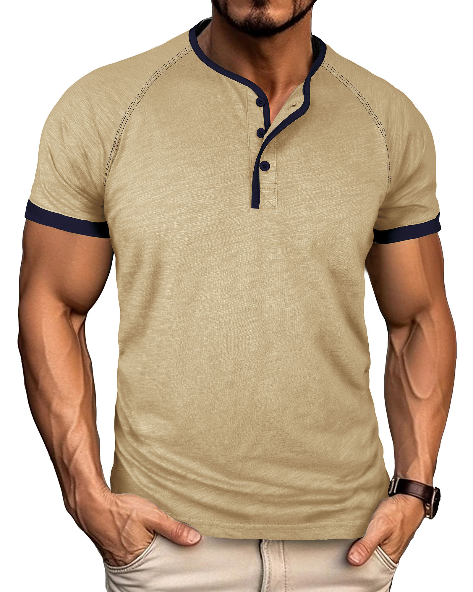 Henley T-Shirt Mens Summer Cotton T Shirts Short Sleeve Tshirts Casual Lightweight T-Shirts Solid Button Tee Tops