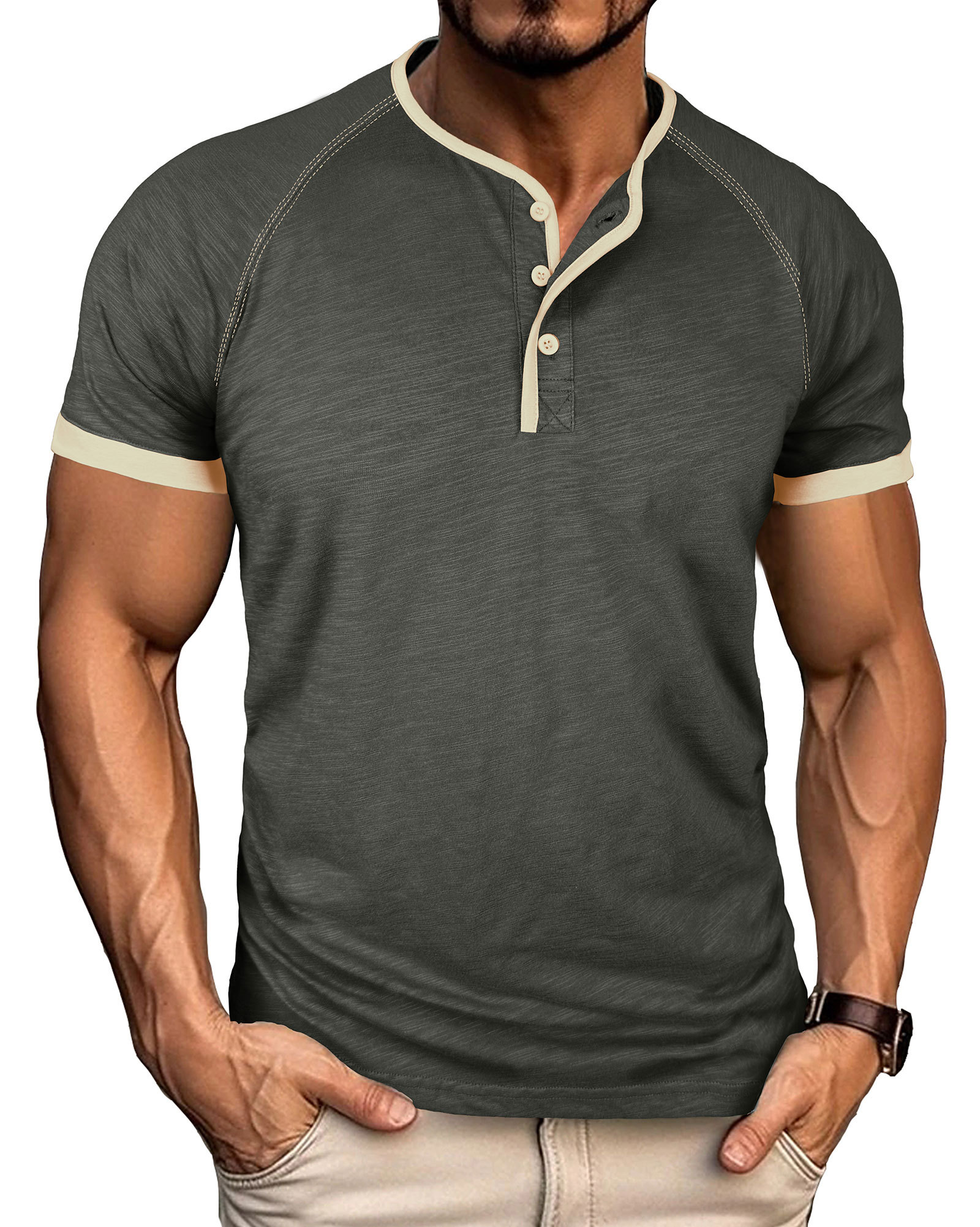 Henley T-Shirt Mens Summer Cotton T Shirts Short Sleeve Tshirts Casual Lightweight T-Shirts Solid Button Tee Tops