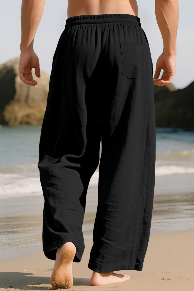 Mens Linen Pants Summer Drawstring Wide Leg Pant Elastic Waist Casual Beach Lounge Trousers with Pockets
