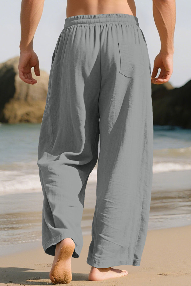 Mens Linen Pants Summer Drawstring Wide Leg Pant Elastic Waist Casual Beach Lounge Trousers with Pockets