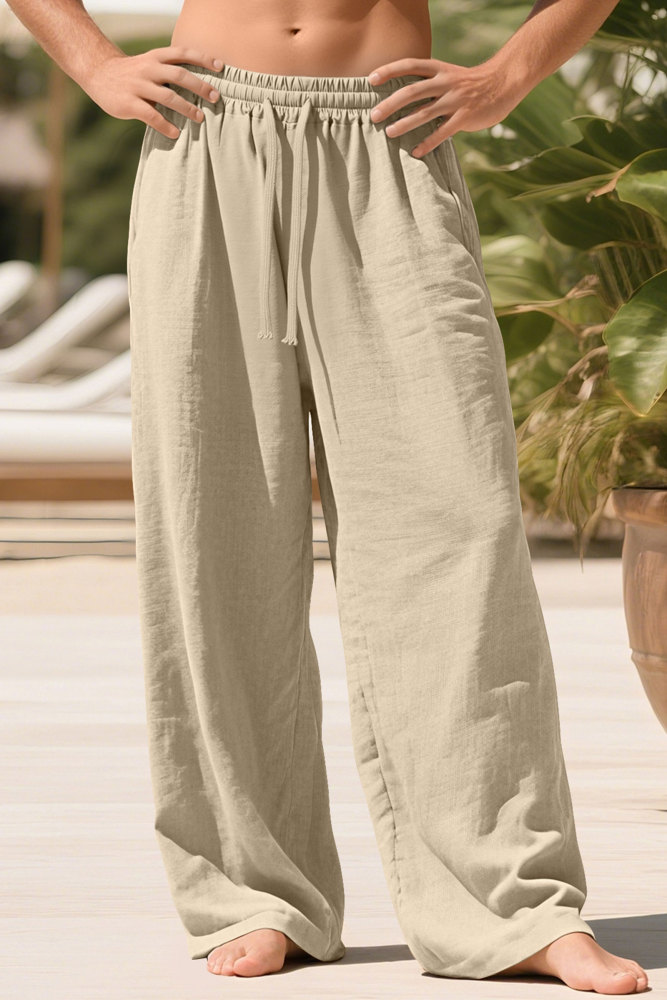 Mens Linen Pants Summer Drawstring Wide Leg Pant Elastic Waist Casual Beach Lounge Trousers with Pockets