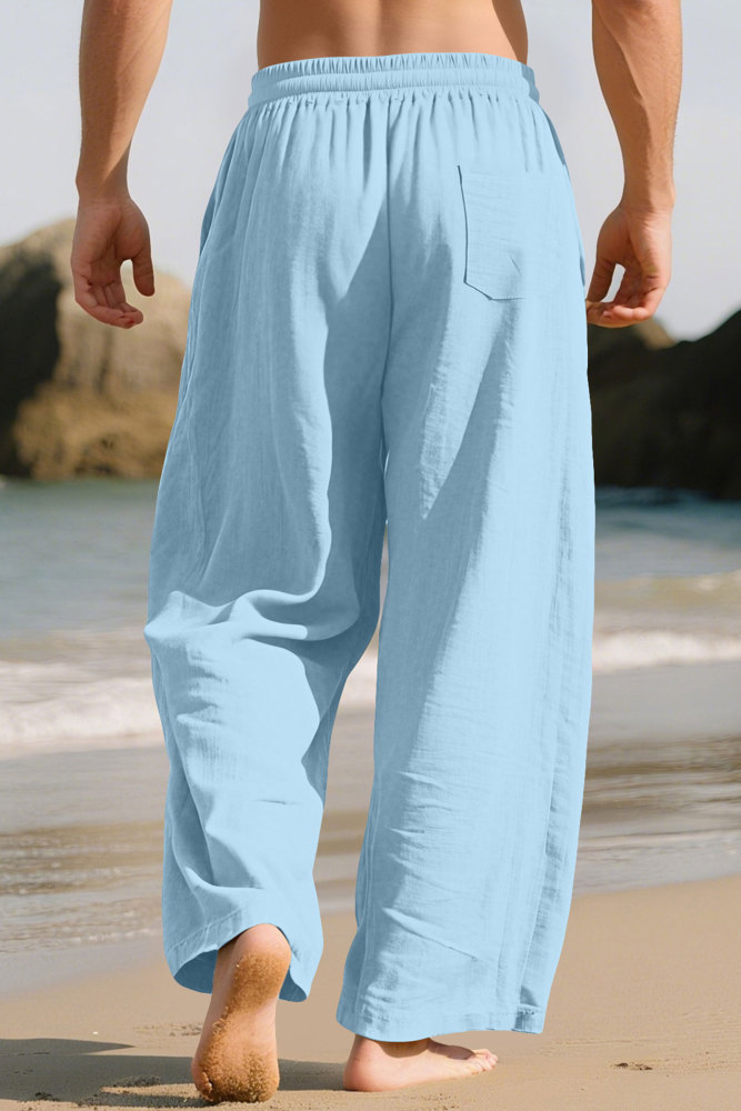 Mens Linen Pants Summer Drawstring Wide Leg Pant Elastic Waist Casual Beach Lounge Trousers with Pockets