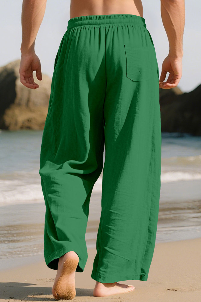 Mens Linen Pants Summer Drawstring Wide Leg Pant Elastic Waist Casual Beach Lounge Trousers with Pockets