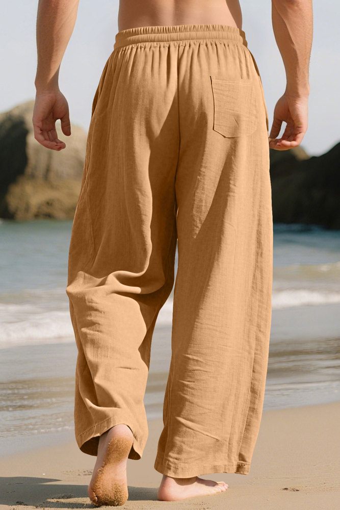 Mens Linen Pants Summer Drawstring Wide Leg Pant Elastic Waist Casual Beach Lounge Trousers with Pockets