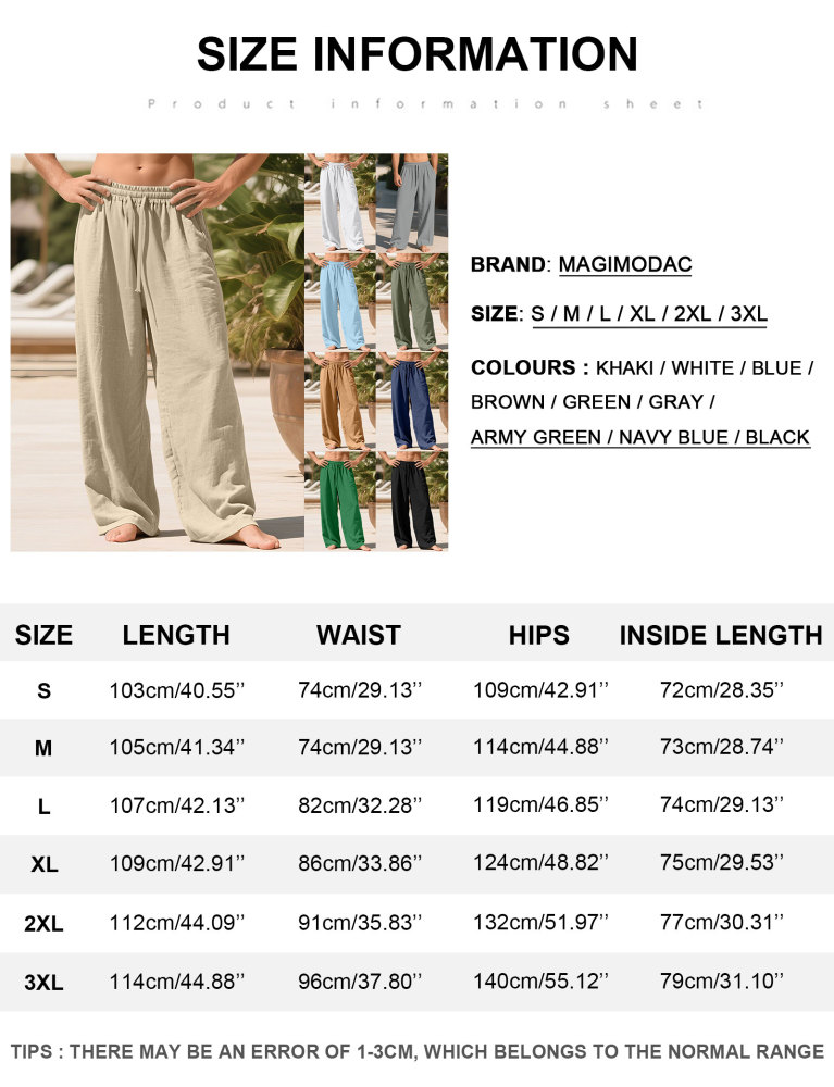 Mens Linen Pants Summer Drawstring Wide Leg Pant Elastic Waist Casual Beach Lounge Trousers with Pockets