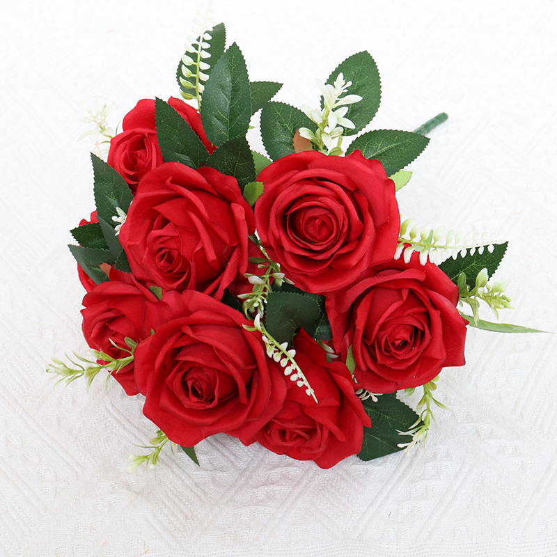 Artificial Flower 9 Heads Silk Flower Rose bunch for Party Decoration