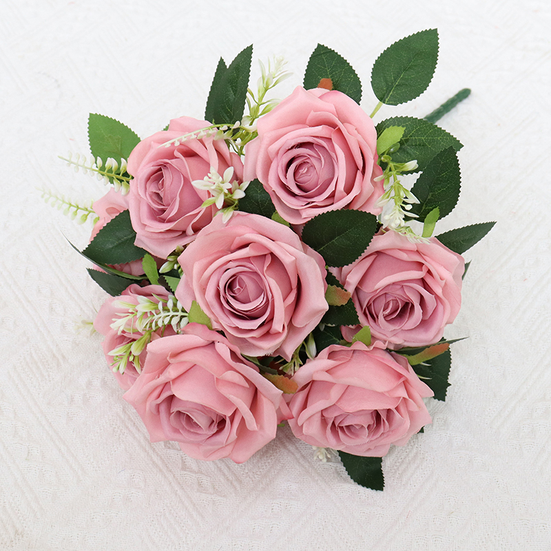 Artificial Flower 9 Heads Silk Flower Rose bunch for Party Decoration