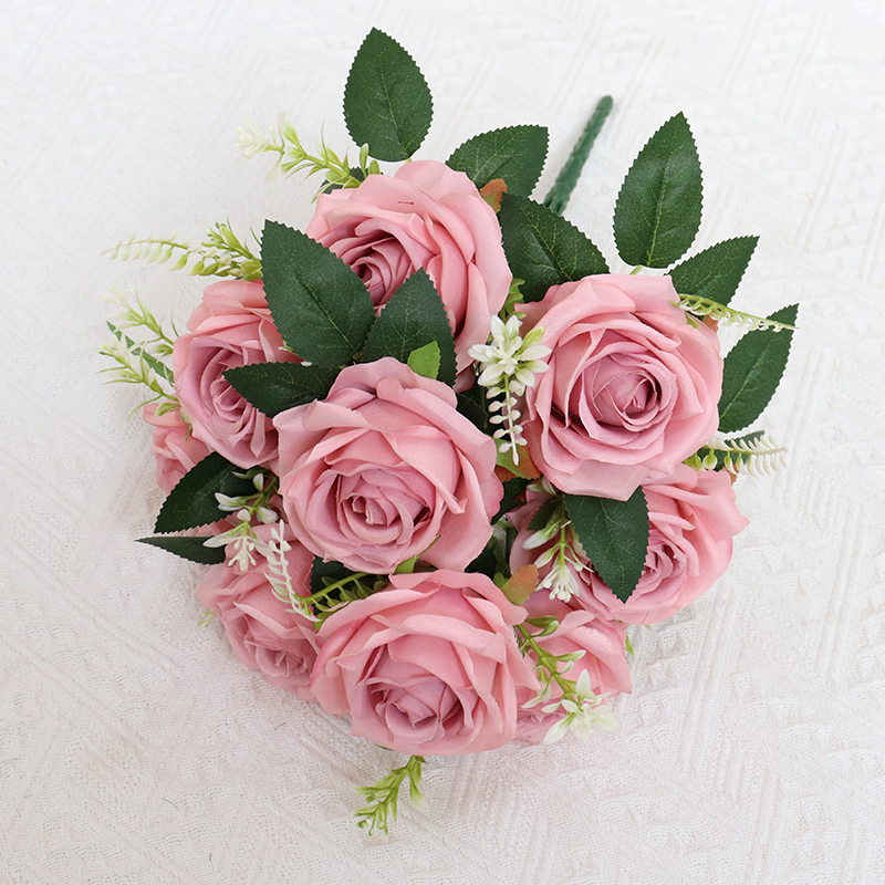 Artificial Flower 9 Heads Silk Flower Rose bunch for Party Decoration