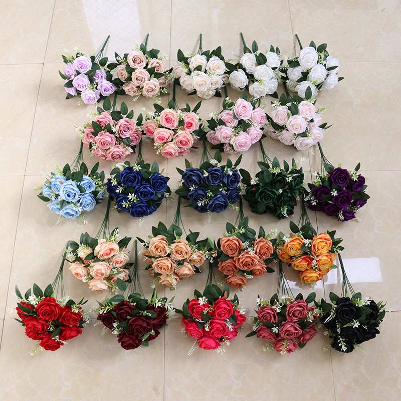 Artificial Flower 9 Heads Silk Flower Rose bunch for Party Decoration