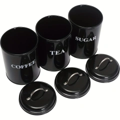 工厂定制厨房金属食品储存罐3件套茶咖啡糖罐带托盘