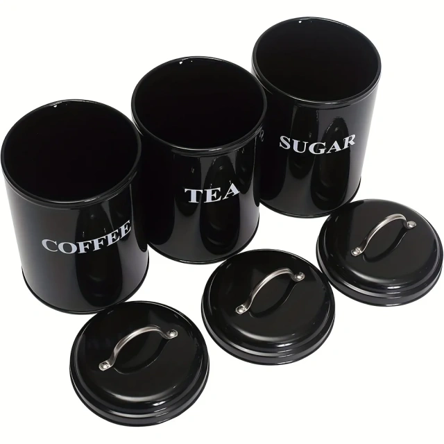 工厂定制厨房金属食品储存罐3件套茶咖啡糖罐带托盘