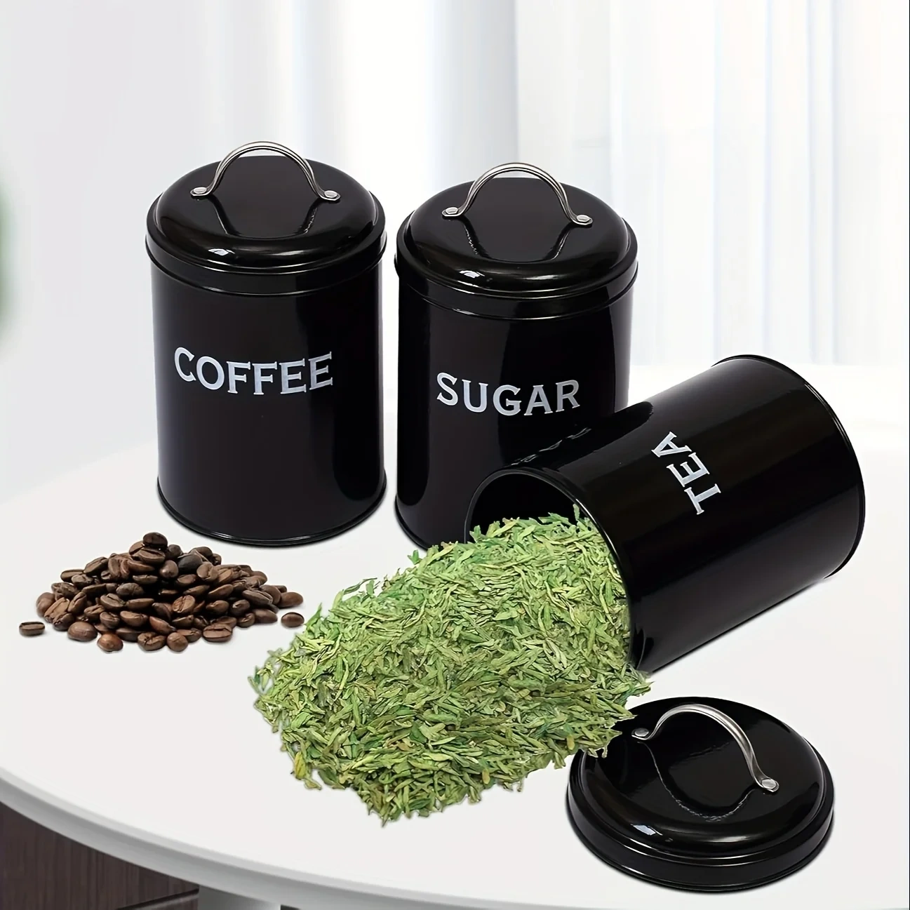 Factory Custom Kitchen Metal Food Storage Canister 3Pcs/set Tea Coffee Sugar Canisters With Tray