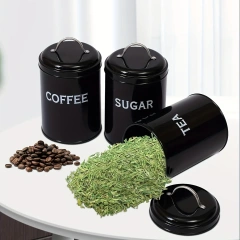 工厂定制厨房金属食品储存罐3件套茶咖啡糖罐带托盘