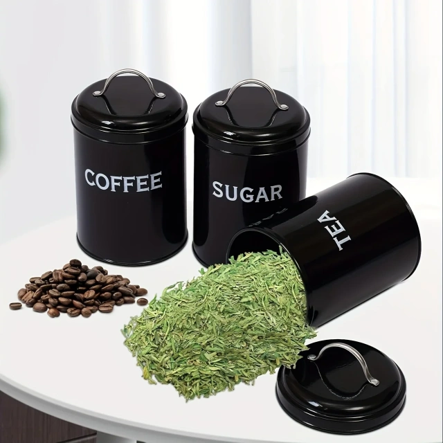 工厂定制厨房金属食品储存罐3件套茶咖啡糖罐带托盘