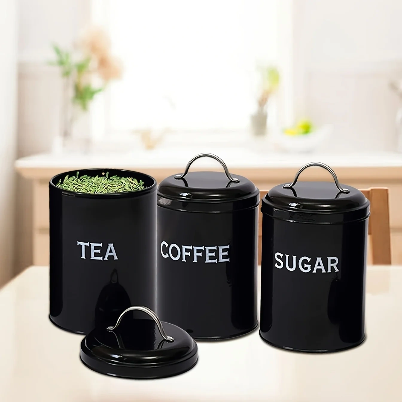 Factory Custom Kitchen Metal Food Storage Canister 3Pcs/set Tea Coffee Sugar Canisters With Tray