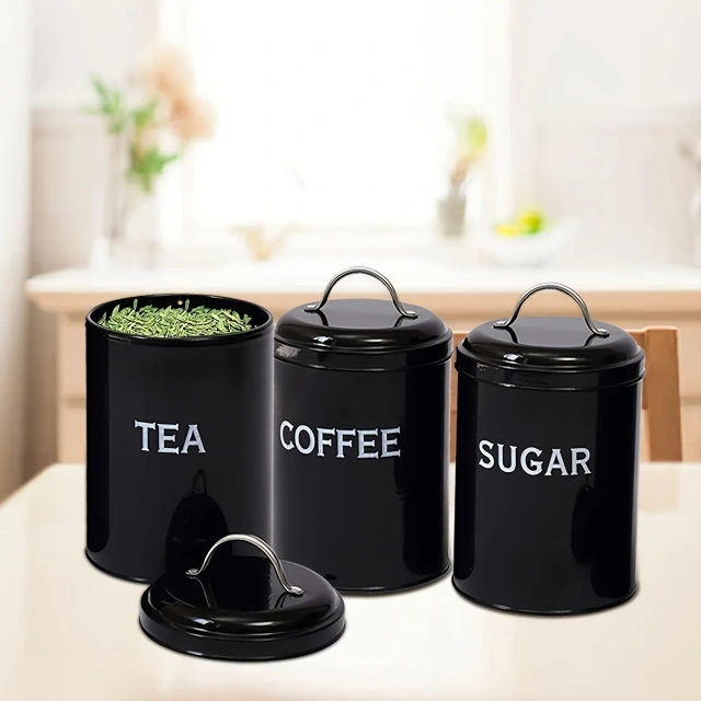 工厂定制厨房金属食品储存罐3件套茶咖啡糖罐带托盘
