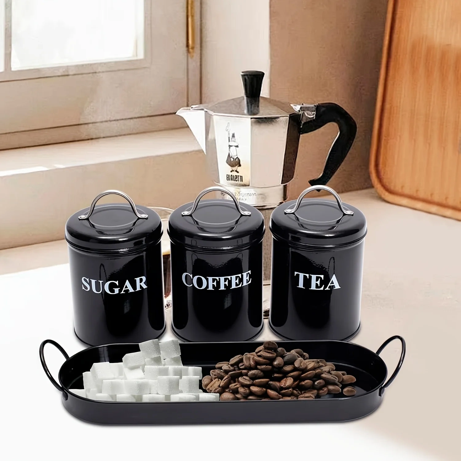 Factory Custom Kitchen Metal Food Storage Canister 3Pcs/set Tea Coffee Sugar Canisters With Tray